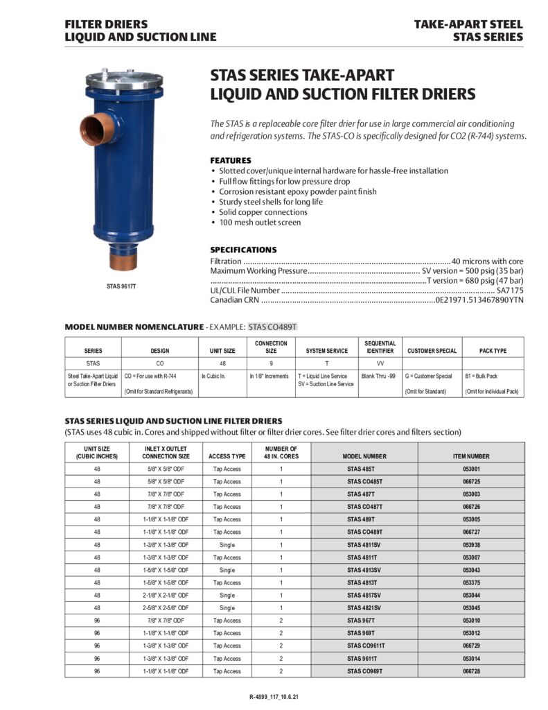 Emerson Suction Line Filter Drier 1-1/8" ODF 27cu. In. (For Burnouts